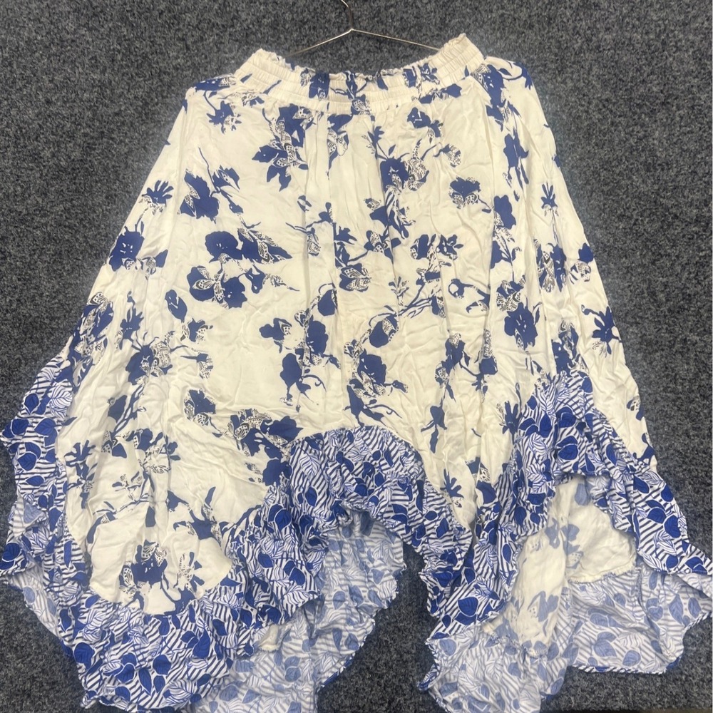 MISA Skirt Womens S White Blue Floral Ruffle High Low Midi Boho Coastal Summer